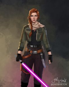 a drawing of a woman with a light saber in her hand