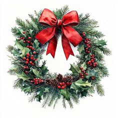 a watercolor painting of a christmas wreath with holly, pine cones and red ribbon