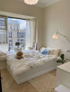 a dog sitting on top of a bed in a bedroom next to a large window