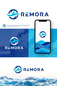 the logo for remora is shown on top of an image of water and waves