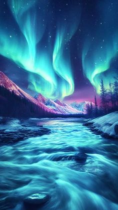 the aurora bores are glowing brightly in the sky above a river and mountains at night