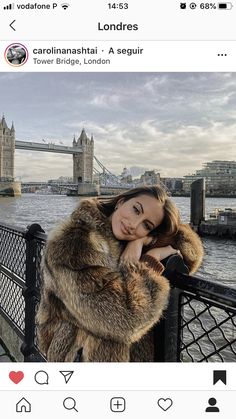 a woman in a fur coat leaning on a fence near the water with a bridge in the background