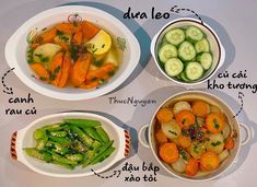 four bowls with different types of vegetables in them and labeled on the side, including carrots, celery, broccoli, and cucumber