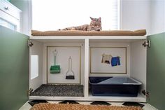 a cat laying on top of a bed in a room