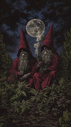 two gnomes are sitting in the woods under a full moon