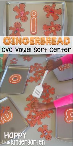an orange gingerbread themed cvc voie sort center with utensils and cookie cutters