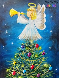 an angel is playing the trumpet on top of a christmas tree