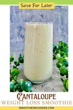 a smoothie in a glass with green sprouts around it and the text, save for later