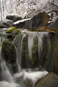 a small waterfall with moss growing on it's sides in the woods during winter