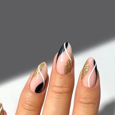 Black Tip With Design Nails, Black Gold Swirl Nails, Black And Gold Minimalist Nails, Black White Gold And Silver Nails, Mizzou Nails Black Gold, Nails For A Black Tie Event, Short Black Nails With Gold Design, Black And Gold Snowflake Nails, Black And Gold Holiday Nails