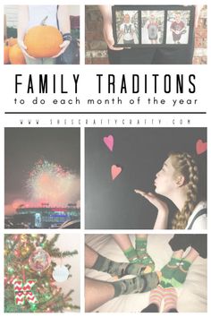 four pictures with the words family traditionss and images of people in holiday outfits, including a christmas tree