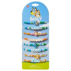 This Bluey BFF bracelet multipack is great for party favors or everyday wear. Each bracelet has a different design with plastic beads. Some bracelets have the Bluey Characters as a charm or have beads that spell out BFF, Bestie, and XOXO. Each one has diffrent colors for each of your Bluey Fanatics. Stretch band so one size fits most. Color: Blue.  Gender: female.  Age Group: adult. Playful Blue Beaded Bracelets For Birthday, Blue Bracelets With Colorful Beads For Birthday, Blue Letter Beads Friendship Bracelet For Birthday, Trendy Blue Beaded Bracelets For Birthday, Bluey Bracelets, Bluey Characters, Bff Bracelet, Bff Bracelets, Kitty Wallpaper