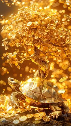 a turtle under a tree surrounded by gold coins