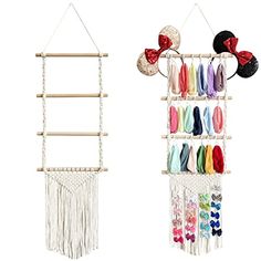 mickey mouse ears and other accessories hanging from a rack with macrame beads on it