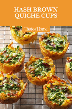 Quiche cups are my showstopper potluck dish. Hash browns and Asiago cheese make up the crusts. Eggs, spinach and bacon do the rest. —Nicole Stone, Gilbertville, Iowa #quichecups #hashbrownrecipes #recipes #hashbrownquichecups Hash Brown Quiche, Hashbrown Quiche, Quiche Cups, Mini Torte, Asiago Cheese, Potluck Dishes, Hash Brown, Hash Browns, Asiago