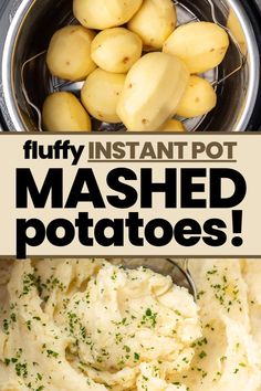 mashed potatoes in an instant pot with text overlay that reads fluffy instant pot mashed potatoes