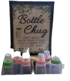 a group of bottles sitting in front of a sign with the words bottle chug on it