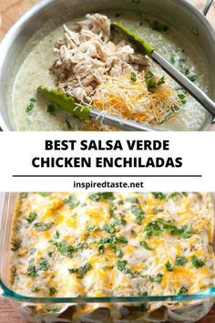 chicken enchiladas in a casserole dish with cheese and parsley