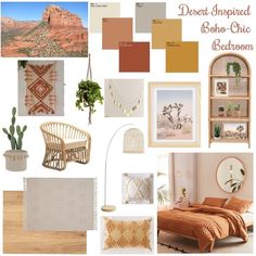 desert inspired boho - chic bedroom mood board with neutrals and browns, including an orange color scheme