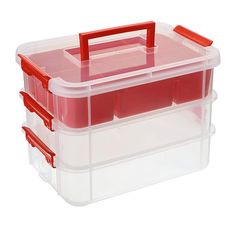 a plastic storage box with two red handles