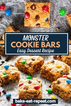 monster cookie bars with m & m cookies on top and the title overlay reads monster cookie bars easy dessert recipe