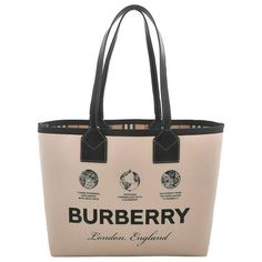 Burberry Tote. SKU: 8063121. Color: Beige. Size: H: 11.4" x W: 13.4" x D: 7.3"; Handle: 10.2". Burberry Medium Heritage Tote Bag. London medium tote bag crafted from cotton in the shades of beige with black leather trims and Check lining. It features double leather handles, print on the front, one wide main interior compartment and one interior detachable zipped pouch. Outer: Cotton 100% Lining: Cotton 55%, Linen/Flax 45% Trims: Calf Leather 100%. Made in Italy Size: H: 11.4" x W: 13.4" x D: 7.3 Burberry Tote, Medium Tote Bag, Craft Tote Bag, Shades Of Beige, Burberry London, Medium Tote, Satchel Handbags, Leather Handles, Burberry Bag