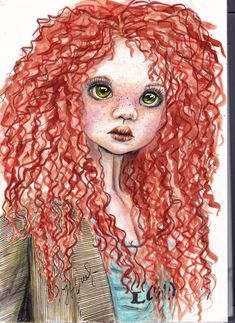 a drawing of a girl with long red hair and green eyes, wearing a jacket