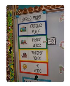 a bulletin board with words and pictures on it that read noise - o - meter, outside voice, inside voice, whisper voice, no