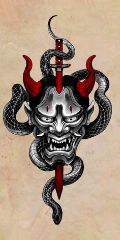 a drawing of a mask with horns and snakes on it's head, in the shape of a snake