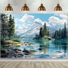 a wall hanging on the side of a wooden floor next to a lake with mountains in the background