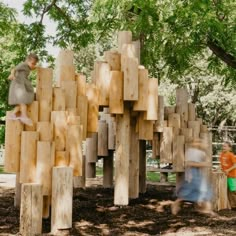 two children are playing in the park with wooden structures made out of wood planks