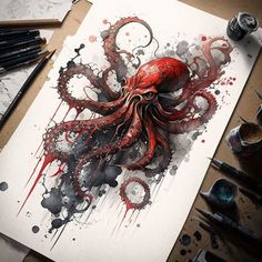 an octopus with red paint splattered on it