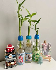 three bottles with plants in them sitting on a table next to toy cars and toys