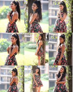 a collage of photos of a woman in a floral dress posing for the camera