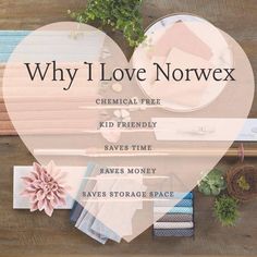 a wooden table topped with lots of different types of items and text that reads, why i love norwex