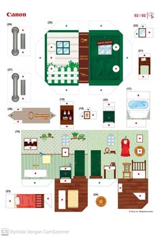 a paper model of a house with the floor plan cut out and labeled in red