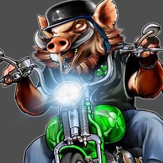 a pig riding on the back of a motorcycle wearing a helmet and holding two wrenches