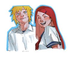 two anime characters are smiling and posing for a picture together, one is red - haired the other has blonde hair