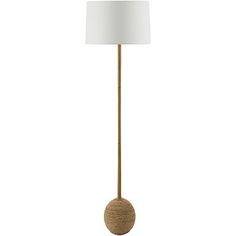 a floor lamp with a white shade on the base and a light bulb in the middle