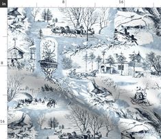 a blue and white winter scene with trees, houses, sleighs and horses