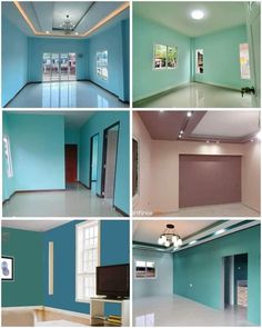 four different pictures of an empty room with blue walls