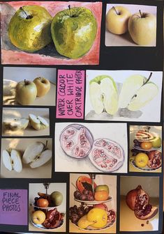 a collage of pictures with apples and pears on them, including an apple cut in half