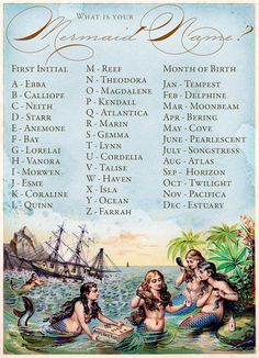 a poster with mermaids on it and the names of their respective people in different languages