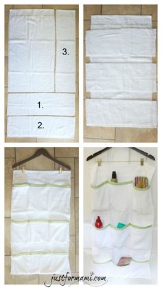 four pictures showing how to make a hanging towel rack with pockets for towels and other items