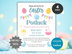 an easter party flyer with bunnies and eggs