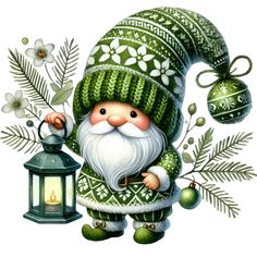 a christmas card with a santa clause holding a lantern and ornaments on it's side