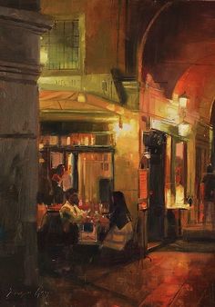 an oil painting of people sitting at a restaurant