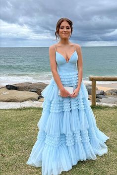 straps light blue tulle pleated A-line tiered ruffles long formal dress prom dress 2024 Blue Layered Prom Dress, Long Layered Ruffle Dress, A Line V Neck Prom Dress, Tulle Formal Dress Long, Prom Dress Necklines, Blue Tiered Prom Dress, Light Blue Tulle Prom Dress, Prom Dresses Loose, Vintage Prom Dresses 1950s Retro Classy