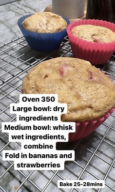 three muffins sitting on top of a cooling rack