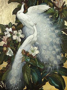 a painting of two white peacocks surrounded by flowers